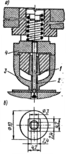 Штамп для пробивки и зачистки квадратных отверстий (а) и обрабатываемая деталь (б)